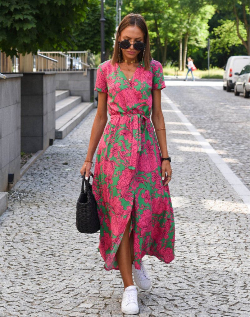 Phoebe | Women's Floral Wrap V-Neck Tie-Waist Cotton Midi Dress - Dark Pink / XL - Fashion