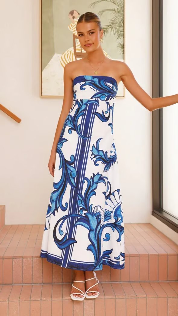 Emily | Women's Strapless Vintage Printed Maxi Tube Dress - Blue / L - Fashion