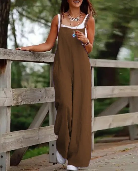 Sophie | Women's Linen Wide Leg Pants Dungaree Sleeveless Jumpsuit