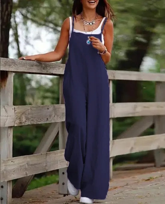 Sophie | Women's Linen Wide Leg Pants Dungaree Sleeveless Jumpsuit