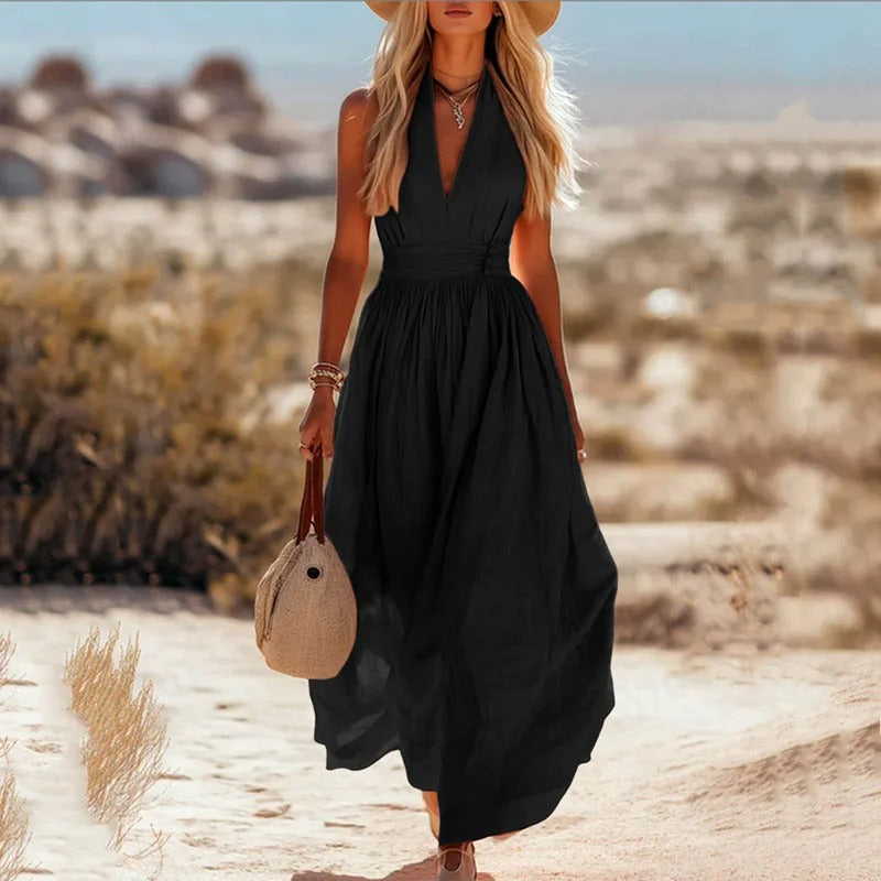 Ava | Women's Boho Cotton-Linen Halter Maxi Dress