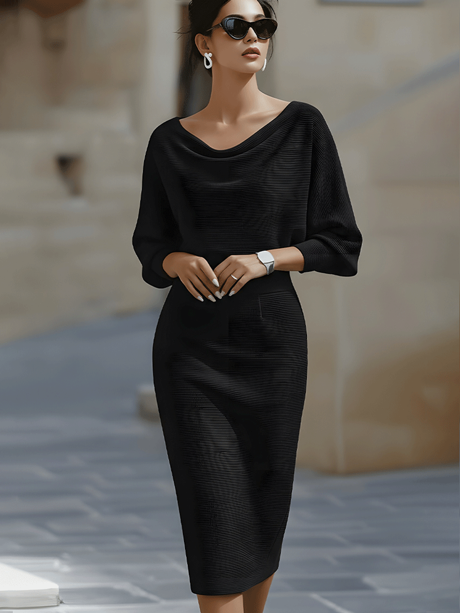 Eleanor | Women's Boat Neck Batwing Sleeve Midi Bodycon Dress