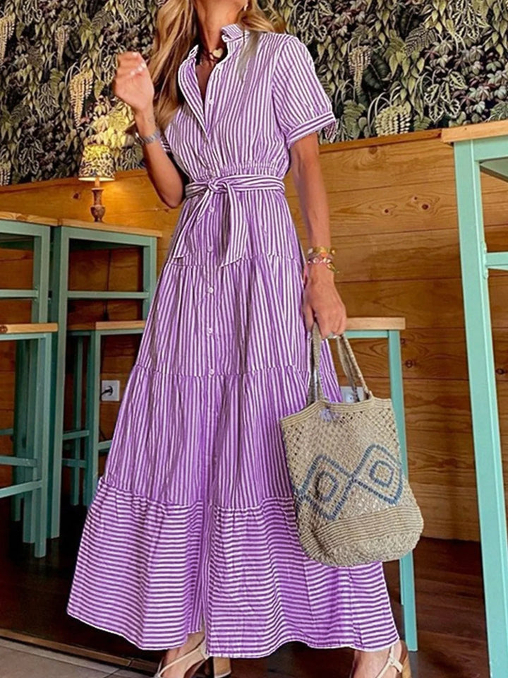 Evelyn | Women's Striped Button-Down Tiered Maxi Dress