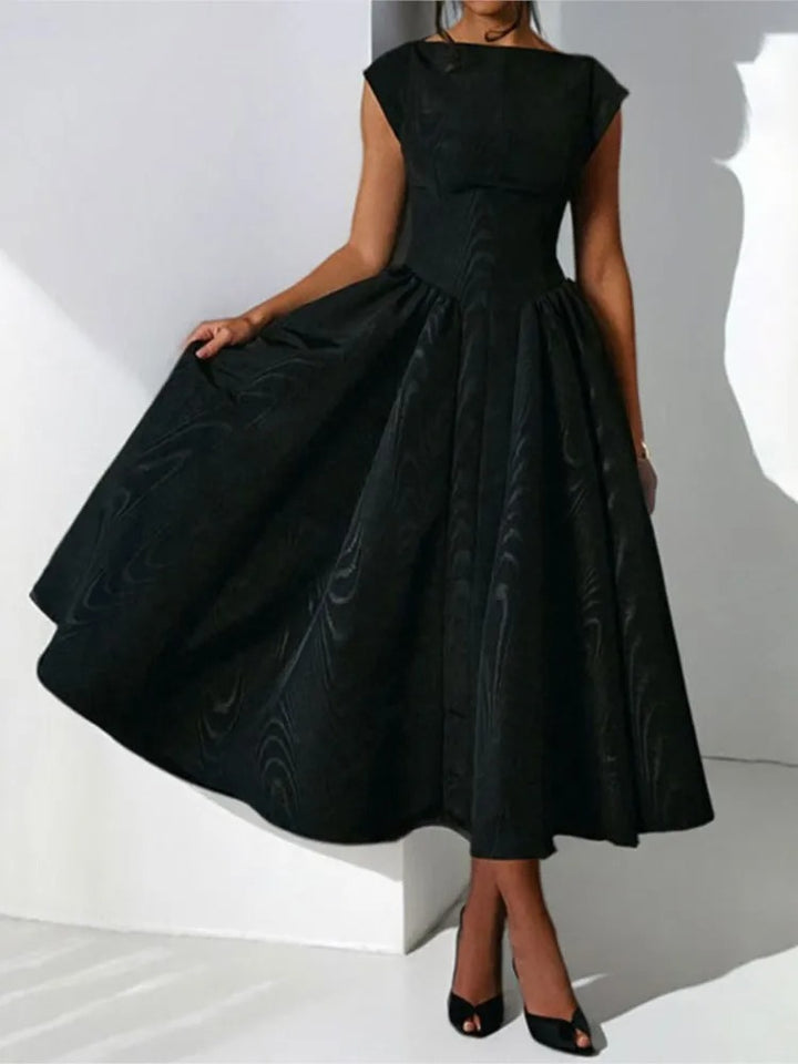 Mia | Women's Bateau-Neck Cap-Sleeve Full-Skirt Satin Midi Dress