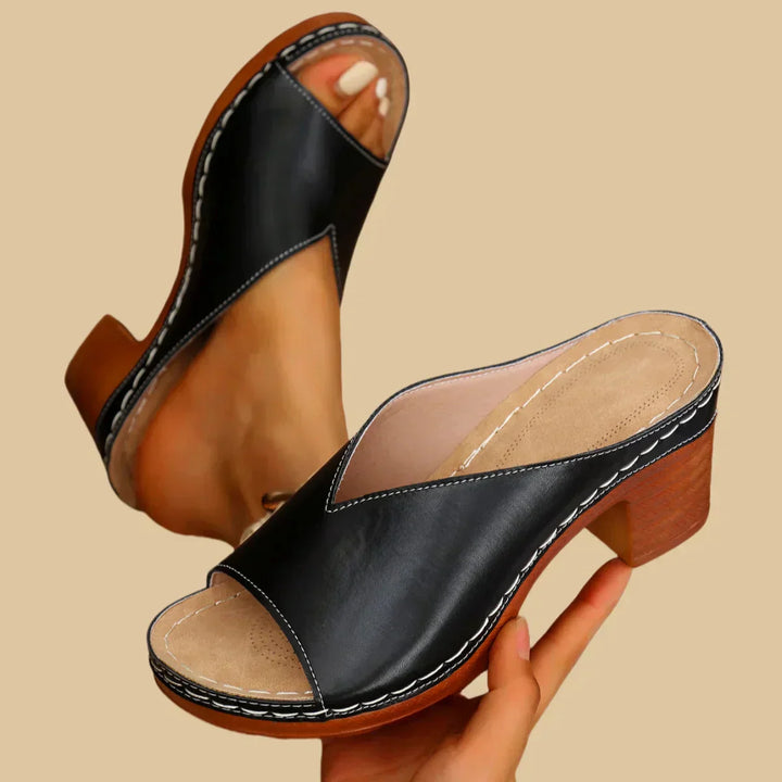 Catherine | Women's Open Toe Slip On Block Heel Mules