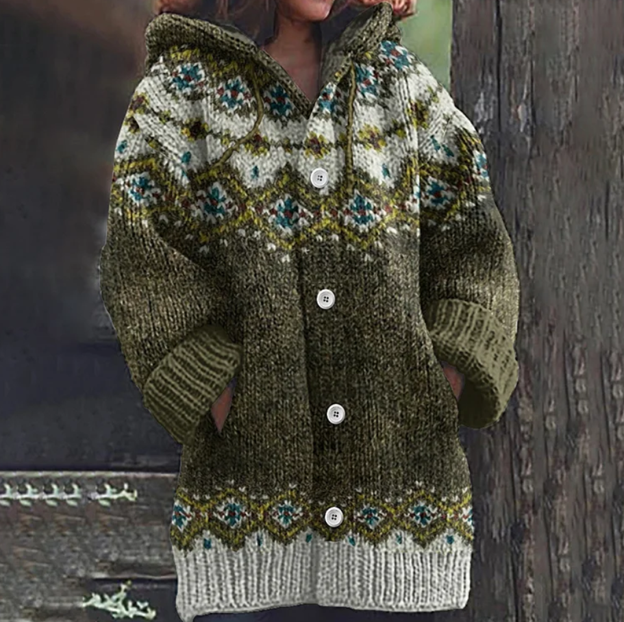 Audrey | Women Fair Isle Hooded Knit Cardigan