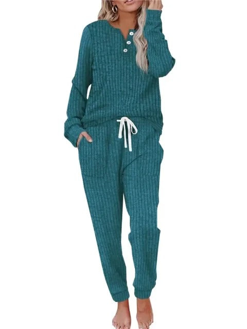 Ava | Women's Ribbed Button-Neck Long-Sleeve Loungewear Two-Piece Set