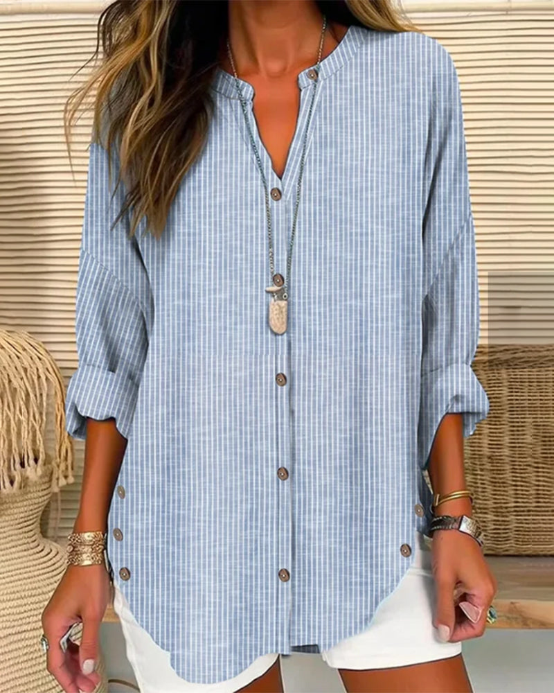 Eleanor | Women’s Relaed Striped Button Blouse