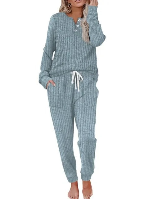 Ava | Women's Ribbed Button-Neck Long-Sleeve Loungewear Two-Piece Set