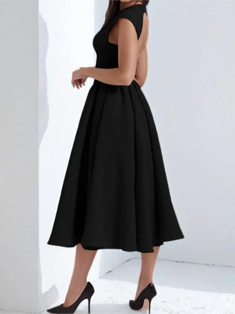 Mia | Women's Bateau-Neck Cap-Sleeve Full-Skirt Satin Midi Dress