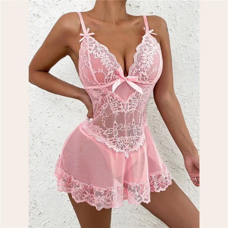 Ella | Women's Sheer Mesh Floral Lace Scallop-Hem Chemise