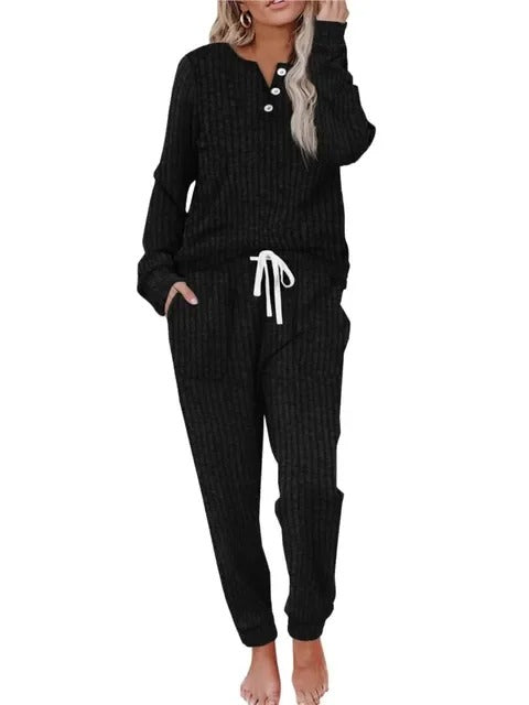 Ava | Women's Ribbed Button-Neck Long-Sleeve Loungewear Two-Piece Set