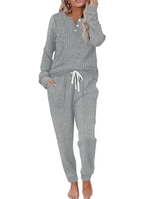 Ava | Women's Ribbed Button-Neck Long-Sleeve Loungewear Two-Piece Set