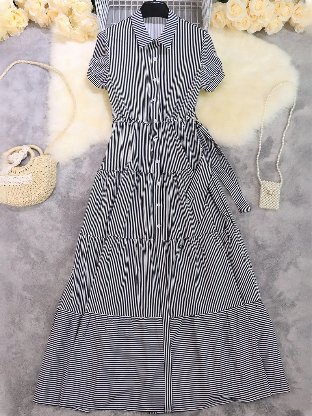 Evelyn | Women's Striped Button-Down Tiered Maxi Dress