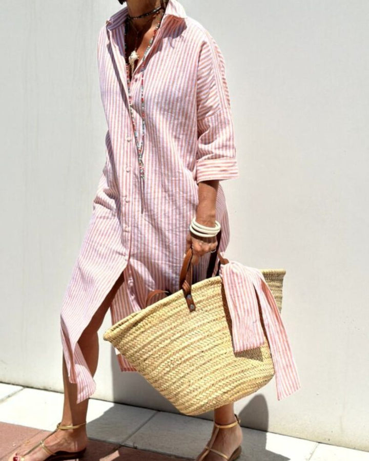 Daisy | Women Striped Button Front Midi Shirt Dress