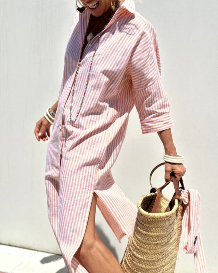 Daisy | Women Striped Button Front Midi Shirt Dress