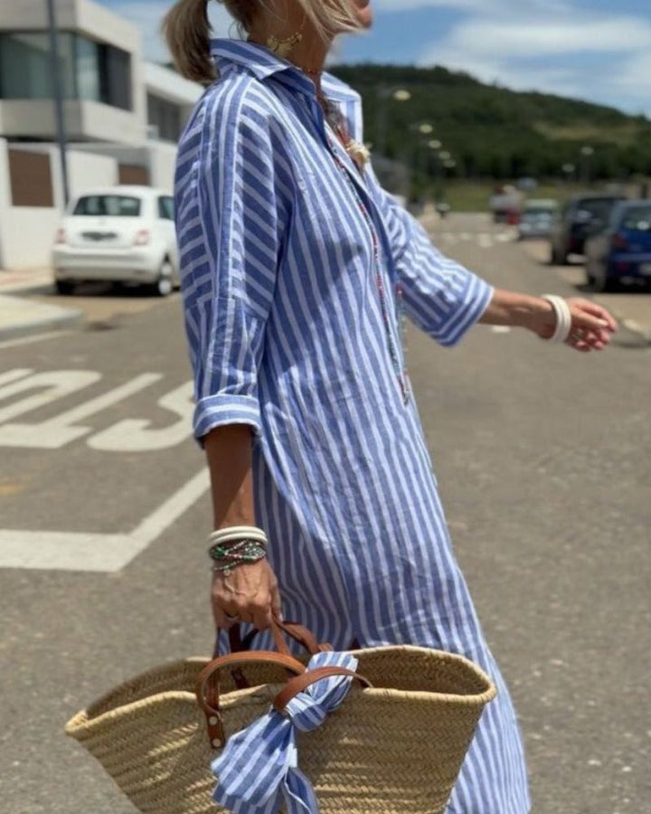 Daisy | Women Striped Button Front Midi Shirt Dress