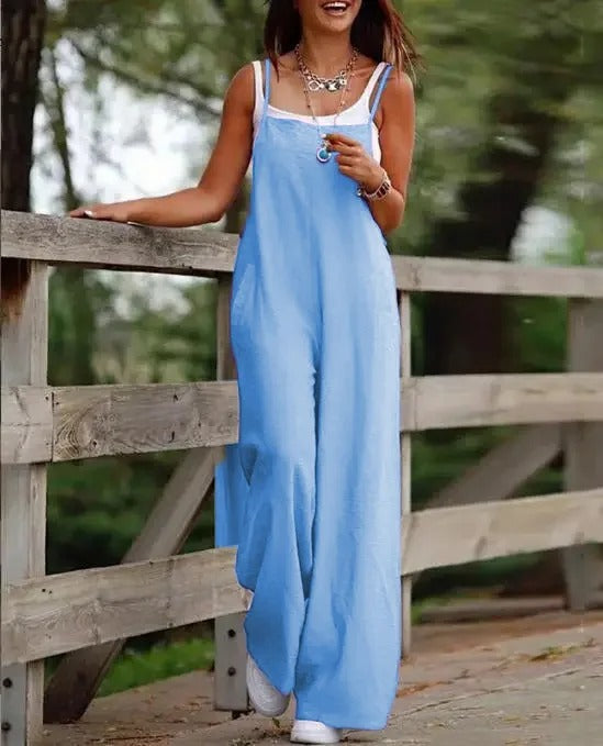 Sophie | Women's Linen Wide Leg Pants Dungaree Sleeveless Jumpsuit