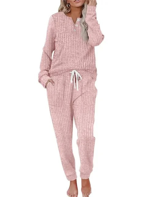 Ava | Women's Ribbed Button-Neck Long-Sleeve Loungewear Two-Piece Set
