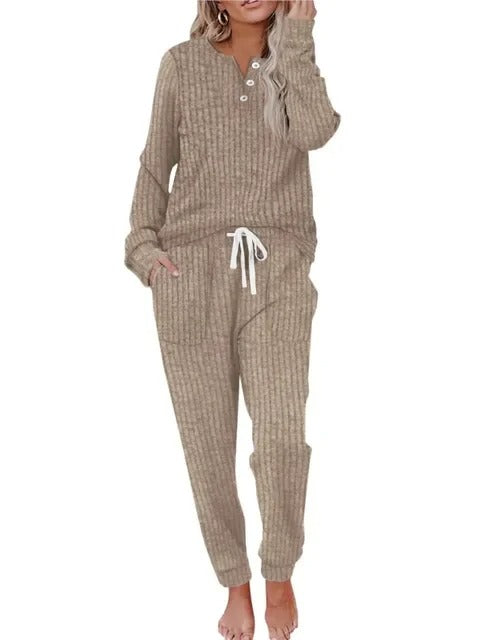 Ava | Women's Ribbed Button-Neck Long-Sleeve Loungewear Two-Piece Set