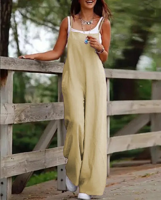Sophie | Women's Linen Wide Leg Pants Dungaree Sleeveless Jumpsuit