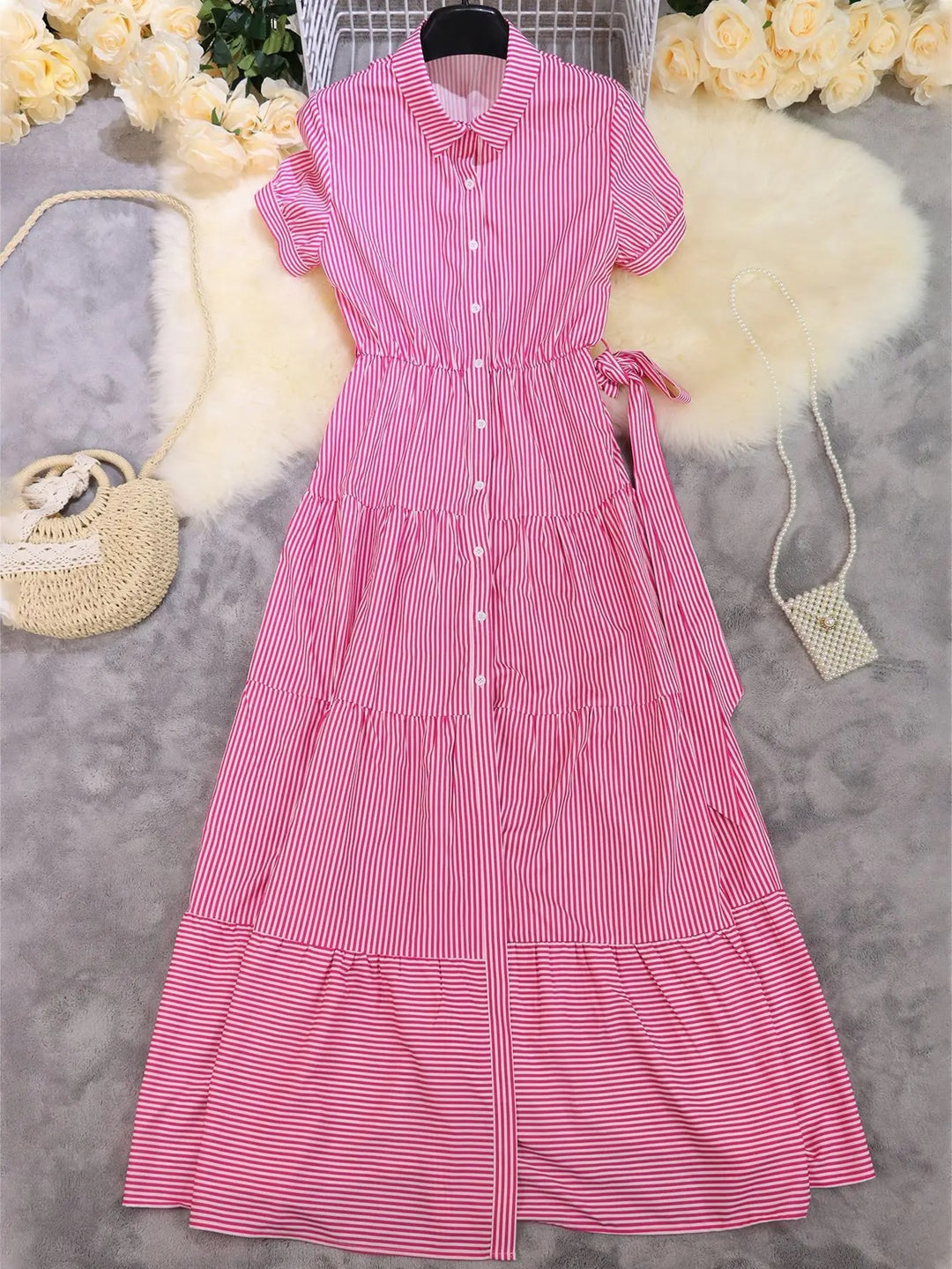 Evelyn | Women's Striped Button-Down Tiered Maxi Dress