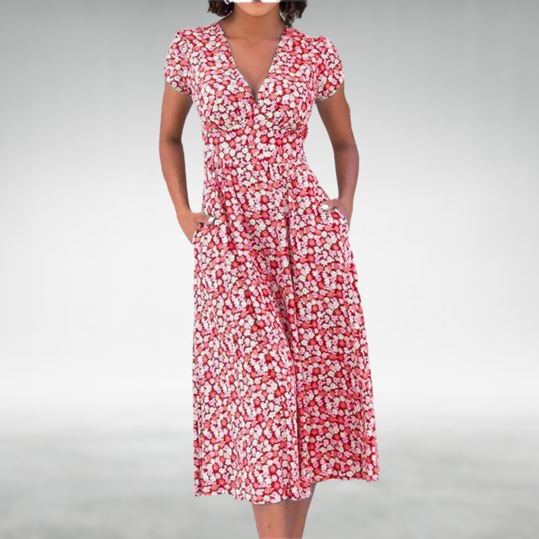 Catherine | Women’s Floral V-Neck Pocket Midi Dress
