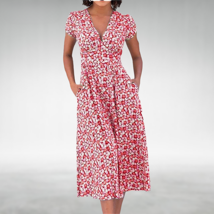 Catherine | Women’s Floral V-Neck Pocket Midi Dress