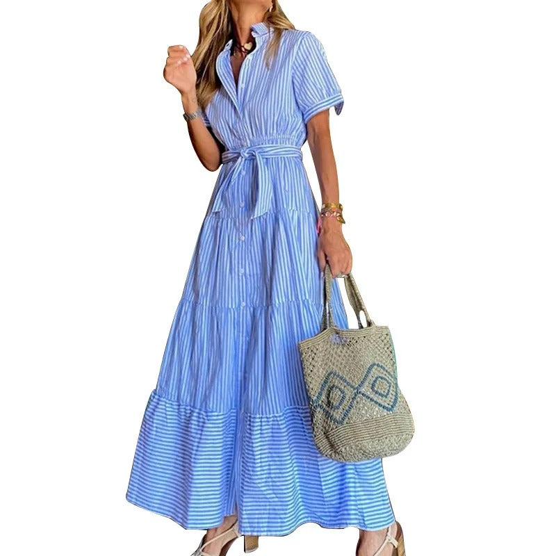 Evelyn | Women's Striped Button-Down Tiered Maxi Dress