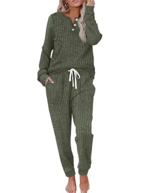 Ava | Women's Ribbed Button-Neck Long-Sleeve Loungewear Two-Piece Set