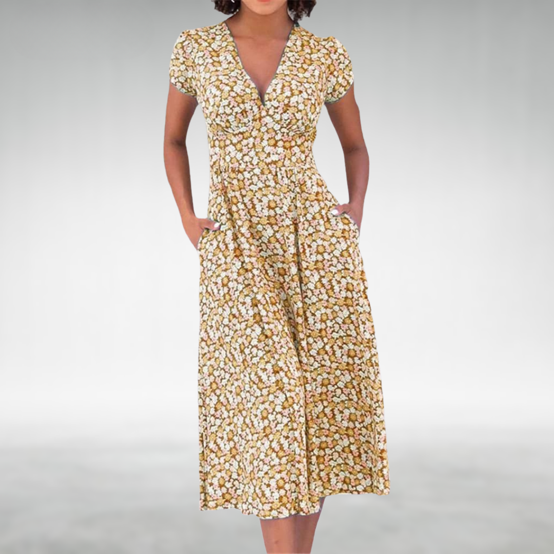 Catherine | Women’s Floral V-Neck Pocket Midi Dress
