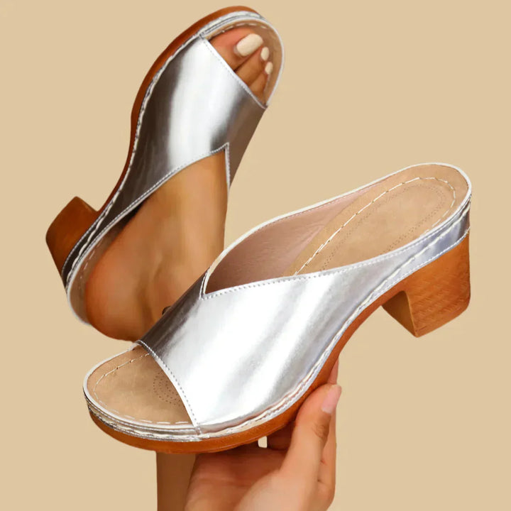 Catherine | Women's Open Toe Slip On Block Heel Mules