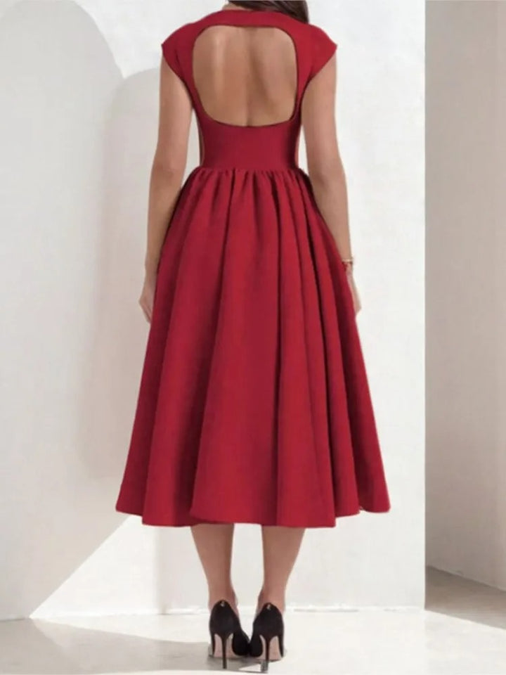 Mia | Women's Bateau-Neck Cap-Sleeve Full-Skirt Satin Midi Dress