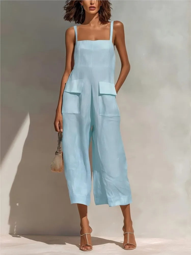 Emily | Women's Belted Linen Midi Dress Cargo Pockets