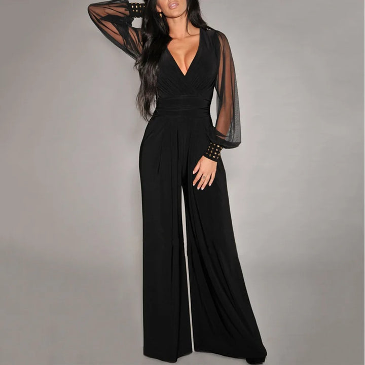 Amelia | Women's Long Sleeve V-Neck Wide-Leg Jumpsuit
