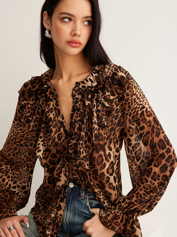 Victoria | Women’s Summer Leopard Ruffle Neck Blouse