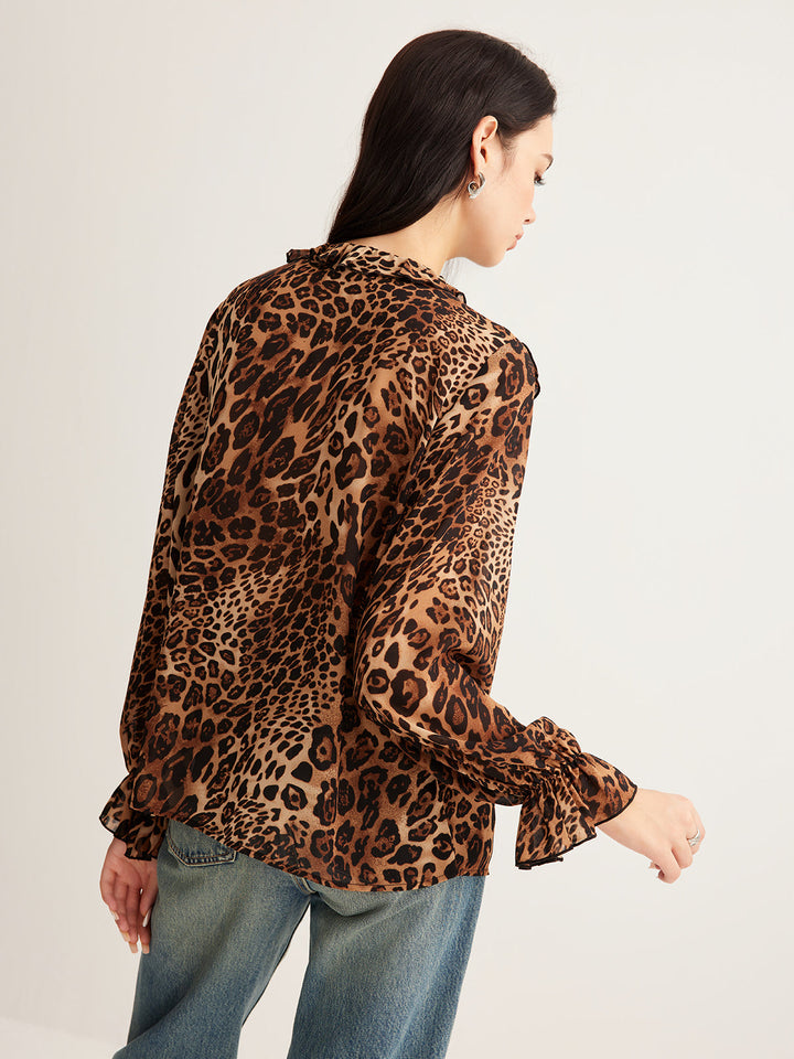 Victoria | Women’s Summer Leopard Ruffle Neck Blouse