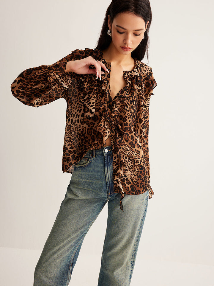 Victoria | Women’s Summer Leopard Ruffle Neck Blouse