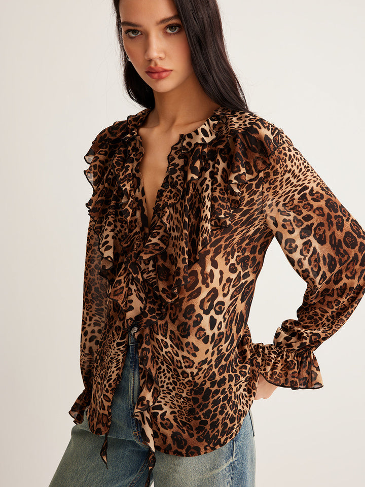 Victoria | Women’s Summer Leopard Ruffle Neck Blouse