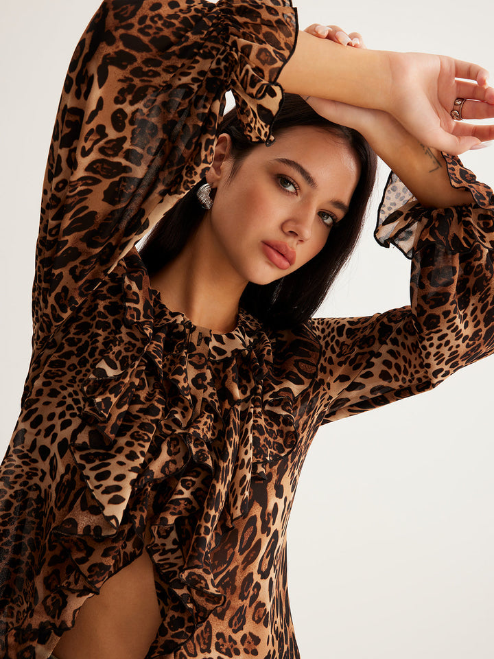 Victoria | Women’s Summer Leopard Ruffle Neck Blouse