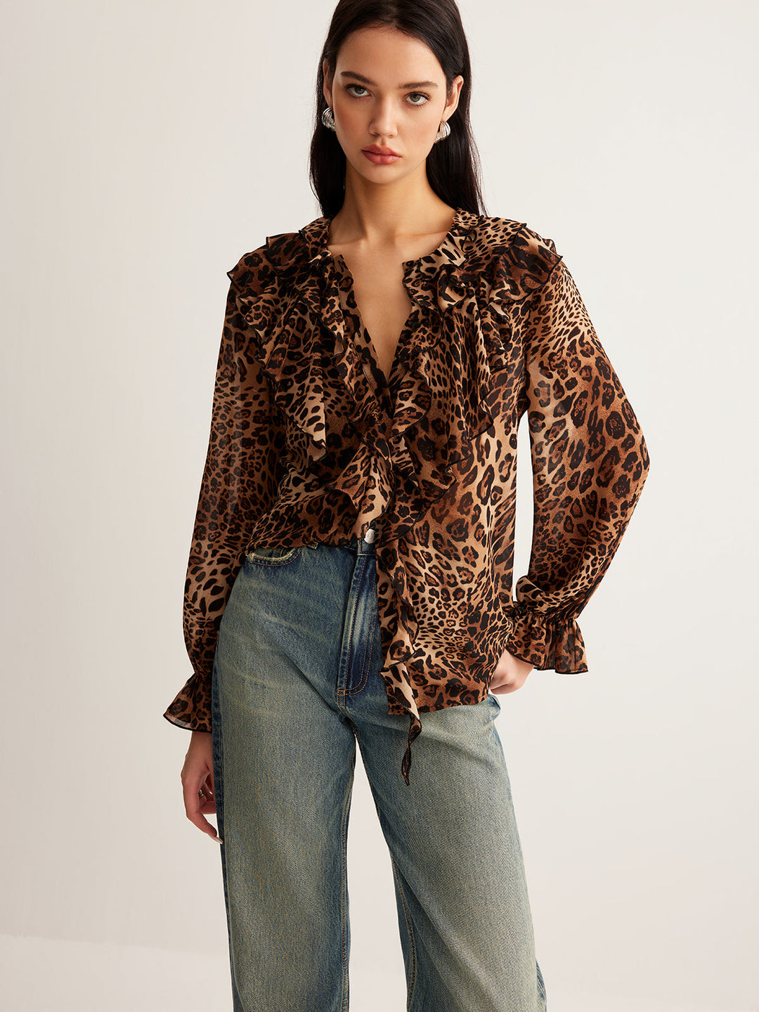 Victoria | Women’s Summer Leopard Ruffle Neck Blouse