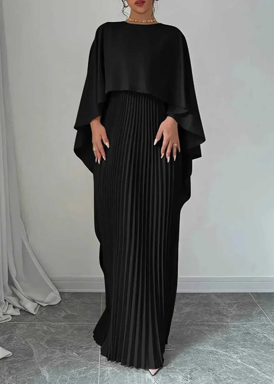 Bonnie | Women’s Wedding Guest Pleated Cape Maxi Dress