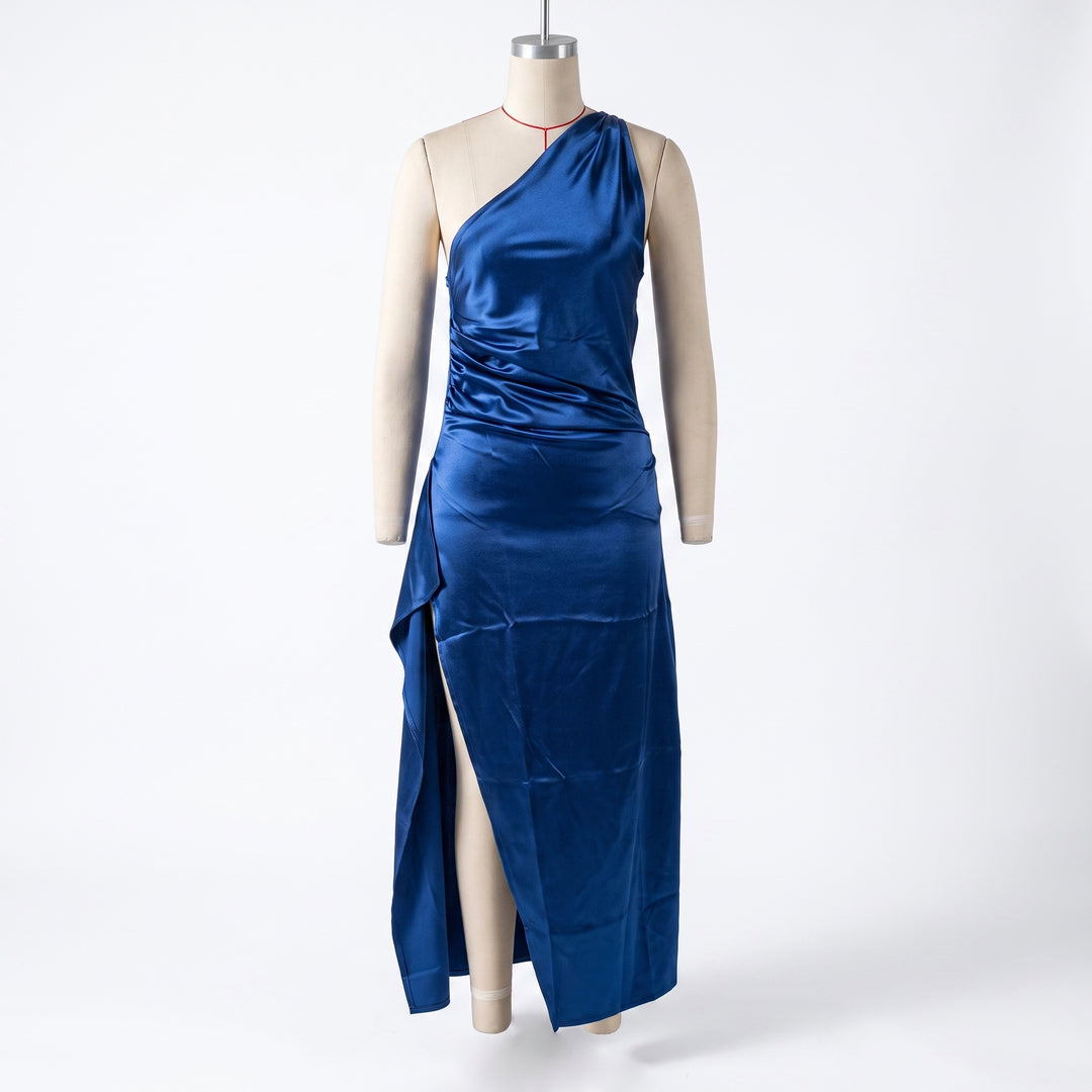 Freya | Women's One-Shoulder Satin Asymmetric High-Split Maxi Evening Dress