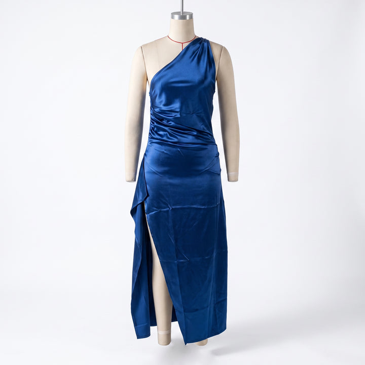 Freya | Women's One-Shoulder Satin Asymmetric High-Split Maxi Evening Dress