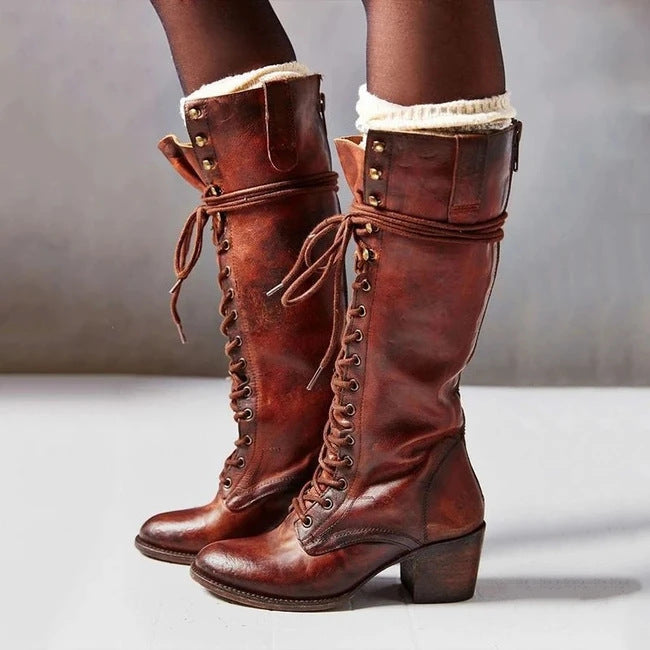 Olivia | Women’s Lace-Up Knee High Block Heel Boots