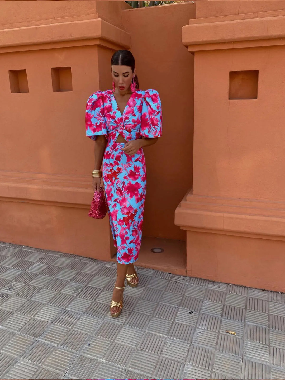 Natalie | Women’s Summer Printed Puff Sleeve Midi Dress