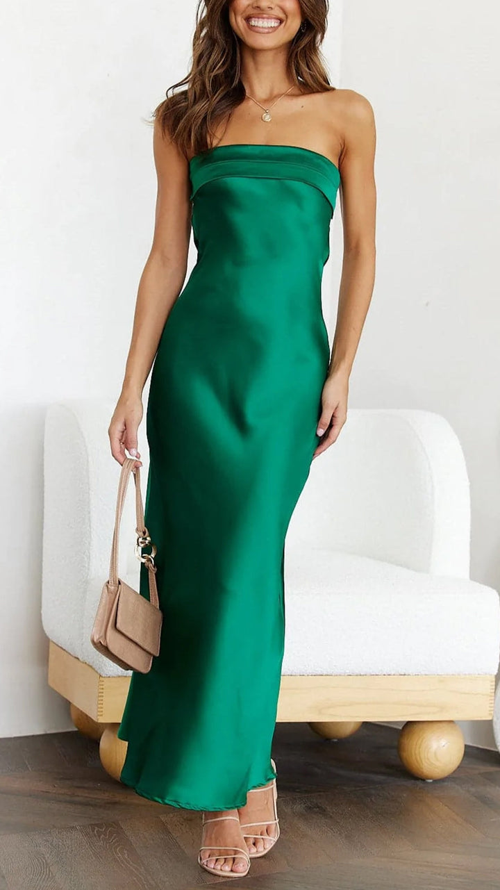 Catherine | Women’s Straight Neck Satin Maxi Evening Dress