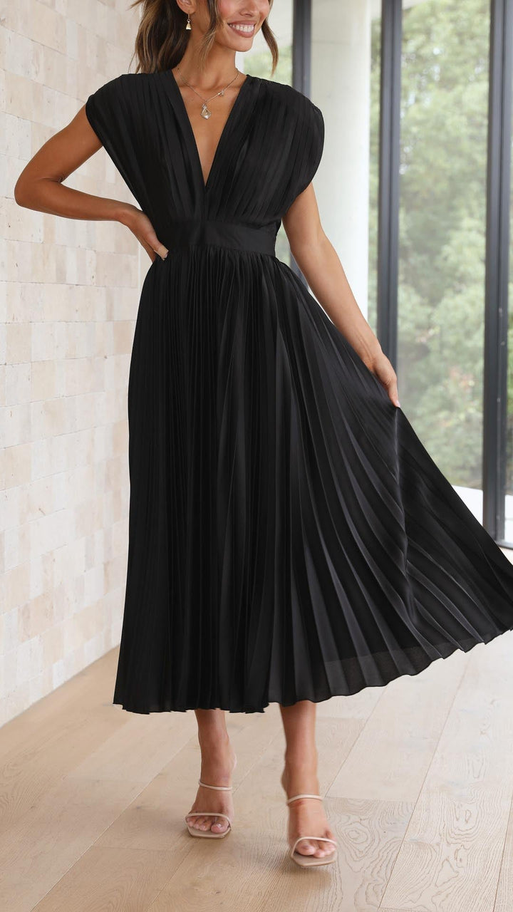 Audrey | Women Elegant Deep V Pleated Midi Dress