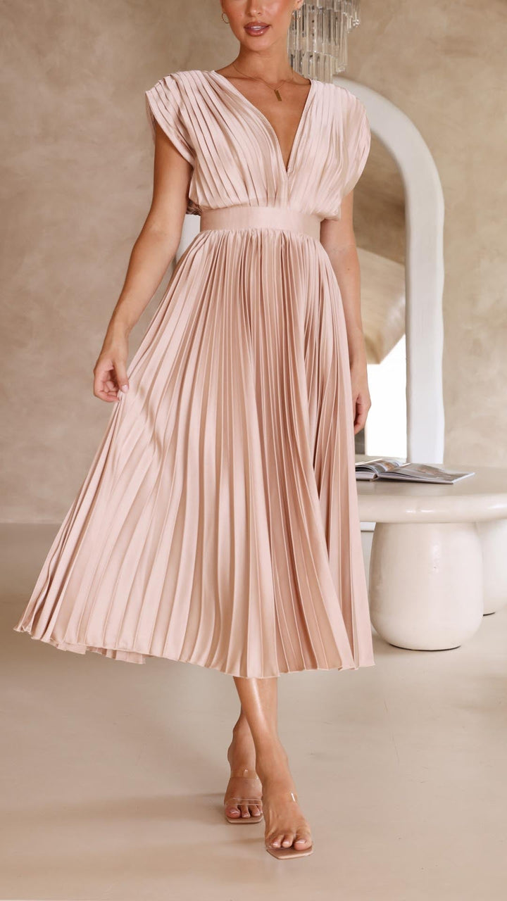 Audrey | Women Elegant Deep V Pleated Midi Dress