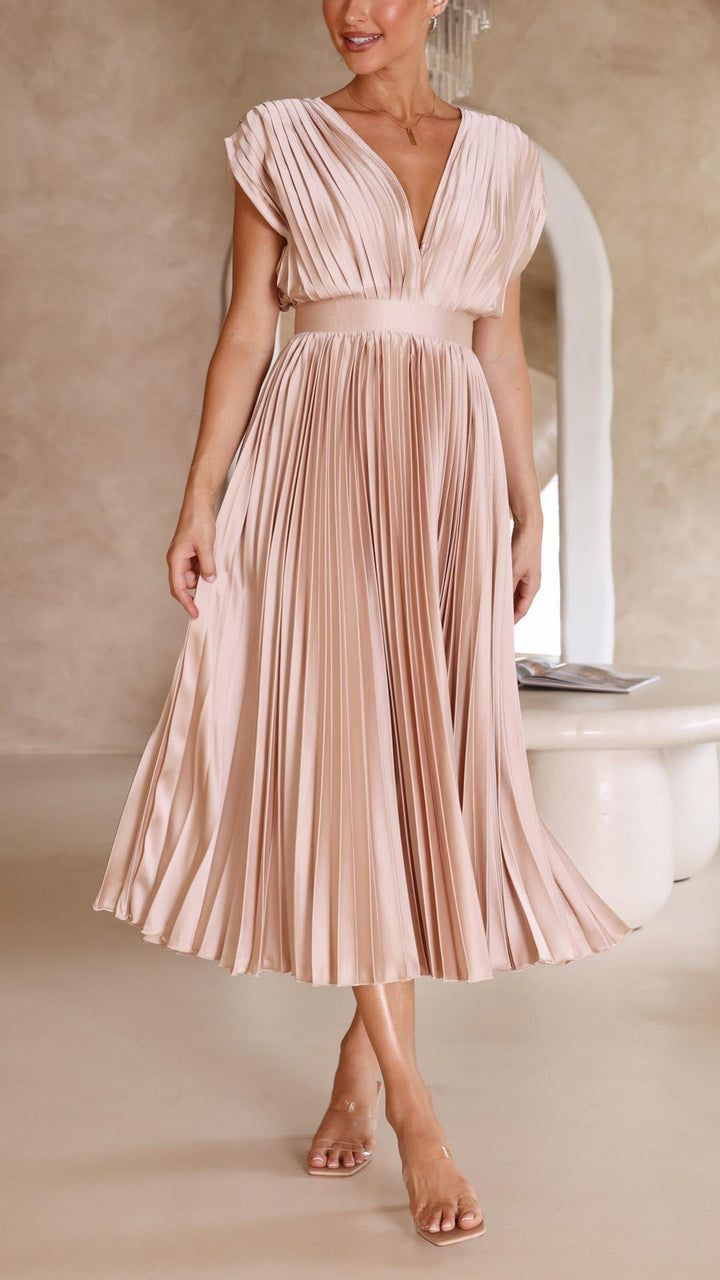 Audrey | Women Elegant Deep V Pleated Midi Dress